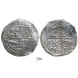 Potosí, Bolivia, cob 8 reales, Philip III, assayer M, Grade 1.