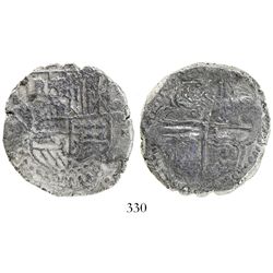 Potosi, Bolivia, cob 8 reales, Philip III, assayer not visible, quadrants of cross transposed, Grade