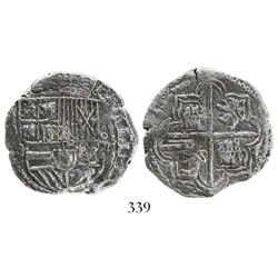 Potosi, Bolivia, cob 4 reales, Philip II, assayer B (5th period), borders of x's, Grade 1.