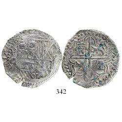 Potosi, Bolivia, cob 4 reales, Philip III, assayer Q, Grade 1.