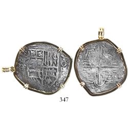 Potosi, Bolivia, cob 4 reales, Philip III, assayer T, Grade 1, mounted in 14K pendant-bezel.