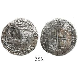 Potosi, Bolivia, cob 2 reales, Philip II, assayer B (3rd period), Grade 1.