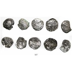 Lot of 5 Potosi, Bolivia, cob 2 reales, Philip II and III, assayers not visible, all Grade 3.