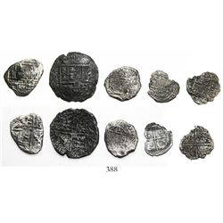 Lot of 5 Potosi, Bolivia, cobs (one 8R, two 4R and two 2R), Philip III, assayers not visible, Grade 