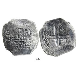 Mexico City, Mexico, cob 8 reales, Philip IV, assayer P, with canvas imprint on shield side.