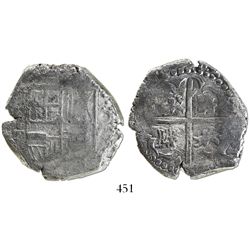 Potosi, Bolivia, cob 8 reales, Philip IV, assayer T (1620s), quadrants of cross transposed.