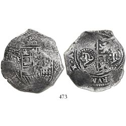 Potosi, Bolivia, cob 8 reales, (16)50O, with two crowned-C countermarks on cross, rare.