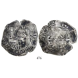 Potosi, Bolivia, cob 8 reales, 1650O, with crowned-F (2 dots) countermark on shield.