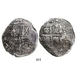 Potosi, Bolivia, cob 8 reales, assayer not visible, (O, 1649-50), crowned-F countermark on shield.