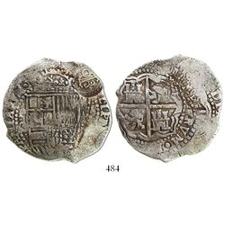 Potosi, Bolivia, cob 8 reales, (1650-1)O, with crowned-O countermark on shield.