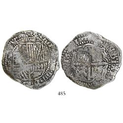 Potosi, Bolivia, cob 8 reales, 1651E/O, with crowned-O countermark on cross.