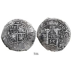 Potosi, Bolivia, cob 8 reales, 1653E, dot-PH-dot at top.