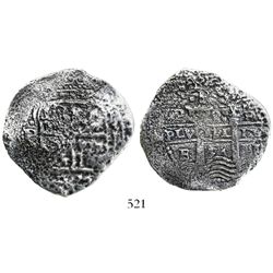 Potosi, Bolivia, cob 8 reales, 1654E, dot-PH-dot at top.