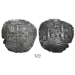 Potosi, Bolivia, cob 4 reales, 1653E, rotated-4 denomination.