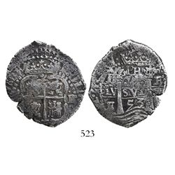 Potosi, Bolivia, cob 4 reales, 1653E, dot-PH-dot at top, rotated-4 denomination.
