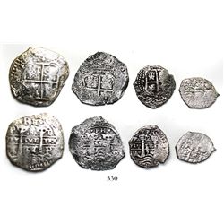 Four-coin denomination set of Potosi, Bolivia, cob 8R, 4R, 2R and 1R, 1654E, dot-PH-dot at top.