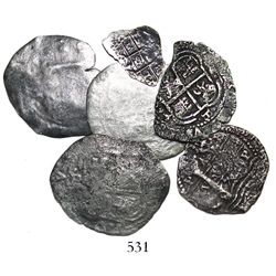 Lot of 7 Potosi, Bolivia, cobs (three 8R, two 4R and two 1R), pillars-and-waves, various dates (1652