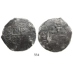 Potosi, Bolivia, cob 8 reales, 1654E, dot-PH-dot at top.