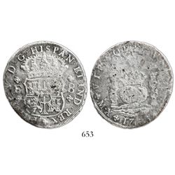 Mexico City, Mexico, pillar 8 reales, Philip V, 1733F, mintmark M.X, very rare.