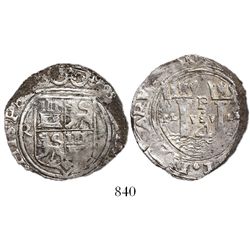 Lima, Peru, cob 4 reales, Philip II, assayer Rincon, R to left, motto PL-VSV-LT, rare.