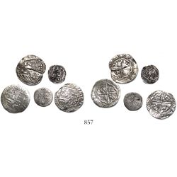 Lot of 5 Lima, Peru, cobs (three 2R and two 1/2R) of Philip II, assayer Diego de la Torre, various v