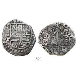 Potosi, Bolivia, cob 8 reales, (16)22P, lions and castles transposed in cross and in shield, rare.