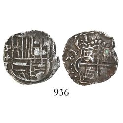 Potosi, Bolivia, cob 1 real, 1618T, upper half of shield and quadrants of cross transposed, rare.