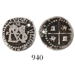 Potosi, Bolivia, cob 1/2 real, Philip II, assayer R (Ramos) to left, mintmark P to right, tiny lette