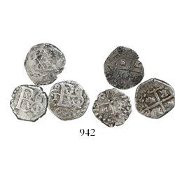 Lot of 3 Potosi, Bolivia, cob 1/2R, Philip III and IV, assayer T or not visible.