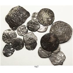 Lot of 16 Potosi, Bolivia, shield-type cobs (two 8R, five 2R, eight 1R and one 1/2R), various period