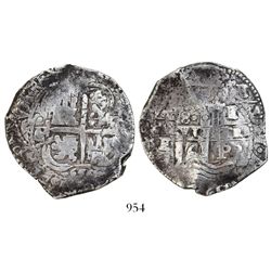 Potosi, Bolivia, cob 8 reales, 1656E, dot-PH-dot at top.