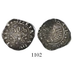 Seville, Spain, 1/2 real, Ferdinand-Isabel, mintmark S plus * and circlets on obverse.