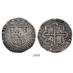 Seville, Spain, cob 8 reales, Philip II, assayer Gothic D at 4 o'clock outside tressure around cross