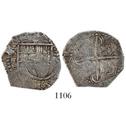 Seville, Spain, cob 2 reales, 1590 date to right, assayer Gothic D below denomination and mintmark t