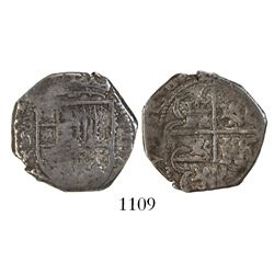 Seville, Spain, cob 2 reales, 1597 date to right, assayer V below denomination and mintmark to left,