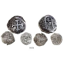 Mixed lot of 3 silver cobs: Potosi, 8R, 1765V-Y; Potosi, 2R, 1723Y; and Spain (mint uncertain), 2R,