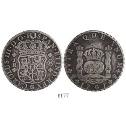 Potosi, Bolivia, pillar 8 reales, Charles III, 1767JR, six-petal rosette below shield, very rare var