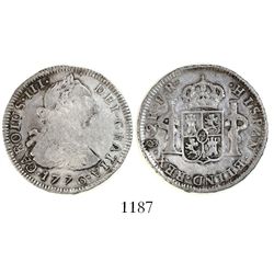 Potosi, Bolivia, bust 2 reales, Charles III, 1776PR, popular date.