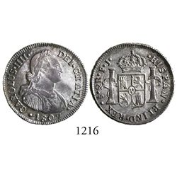 Santiago, Chile, bust 2 reales, Charles IV, 1807FJ.