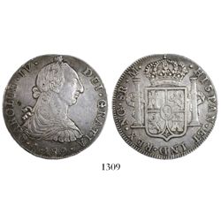 Guatemala, bust 8 reales, Charles IV transitional (bust of Charles III, ordinal IV), 1789M, rare.