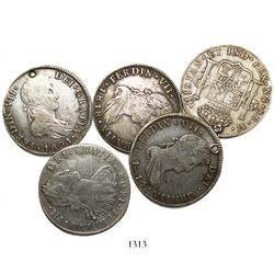 Lot of 5 Guatemala bust 8 reales, Charles IV and Ferdinand VII, various dates (1808M, 1810M, 1814M,