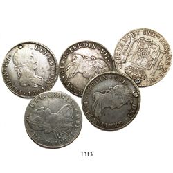 Lot of 5 Guatemala bust 8 reales, Charles IV and Ferdinand VII, various dates (1808M, 1810M, 1814M, 