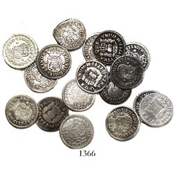 Lot of 17 Mexico City, Mexico, pillar 1/2R, Philip V through Charles III, various dates (1741MF, 174