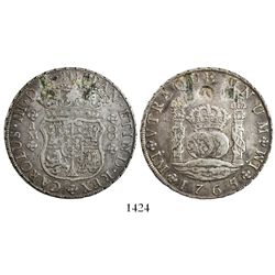 Lima, Peru, pillar 8 reales, Charles III, 1765JM, dot over both mintmarks.