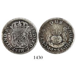 Lima, Peru, pillar 2 reales, Ferdinand VI, 1755JD, dot over mintmark.