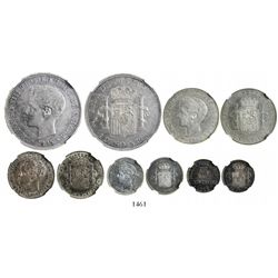 Puerto Rico (under Spain), denomination set of 5 coins of Alfonso XIII in NGC slabs: 1 peso, 1895PG-