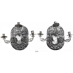 Lot of 2 Spanish-style silver wall sconces, each with 3 candle holders, ornate and intact, probably