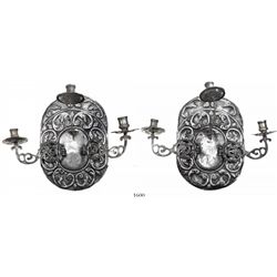 Lot of 2 Spanish-style silver wall sconces, each with 3 candle holders, ornate and intact, probably 