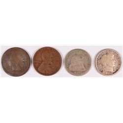 1875 DIME G, 1916 BARBER DIME, F, 1874 AND 1913 CENTS GOOD