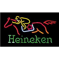 Breweriana neon sign, horse & jockey "Heineken," NOS cond, 15"H x 28.5"W.